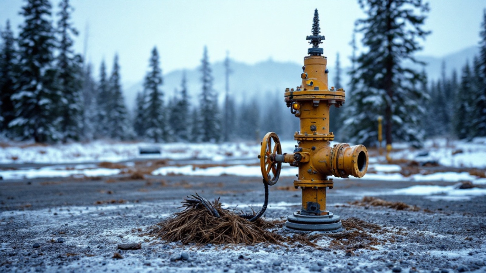 A wellhead valve assembly on a gravel wellsite pad