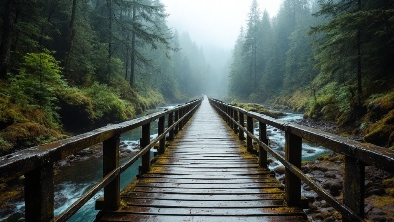 A single-lane wooden bridge over a river in coastal rainforest