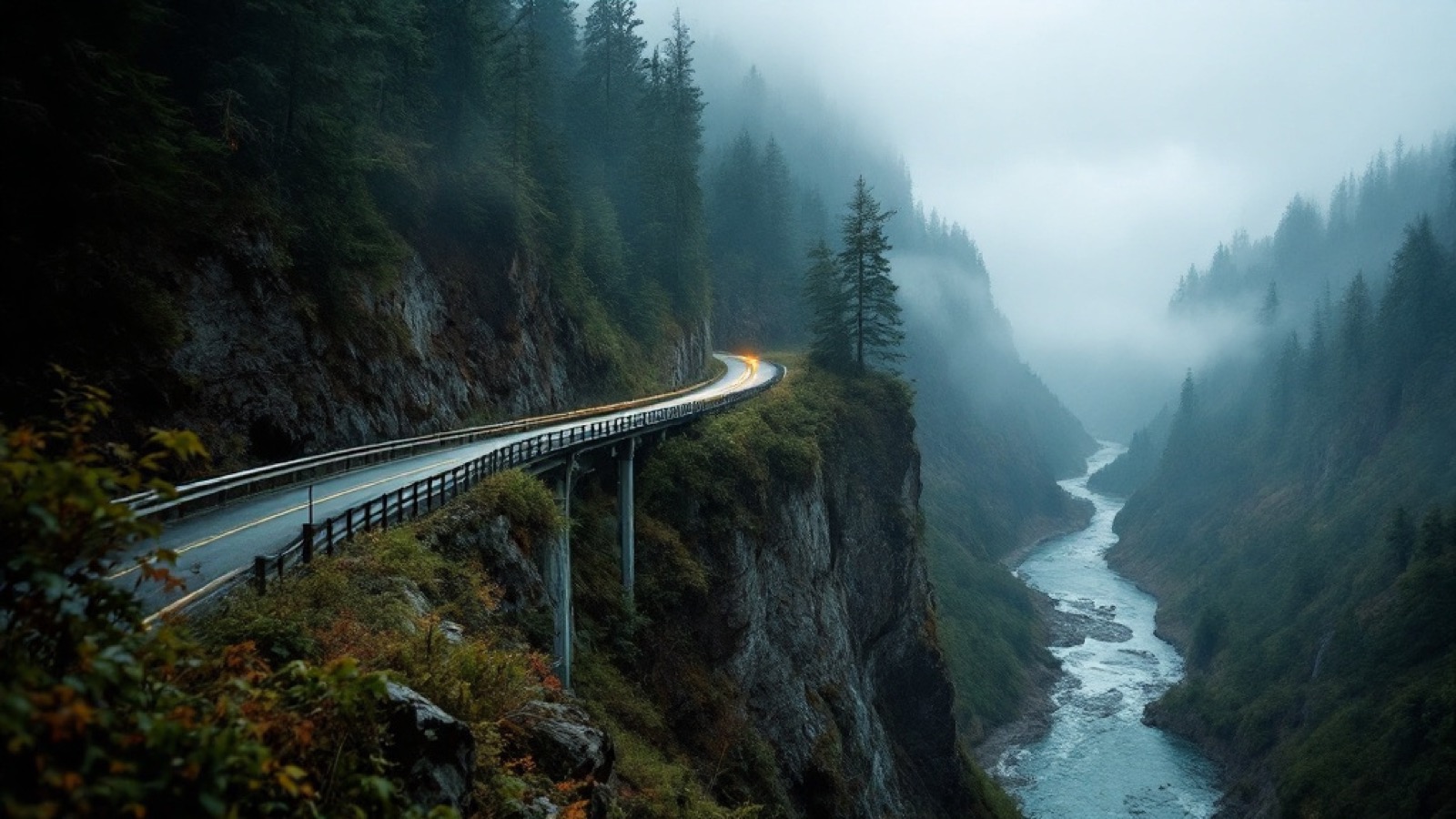 A community egress route on a steep forested mountainside above a river
