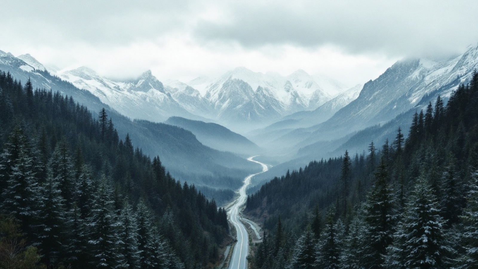 A remote road tracing a broad forested valley toward snow-touched mountains