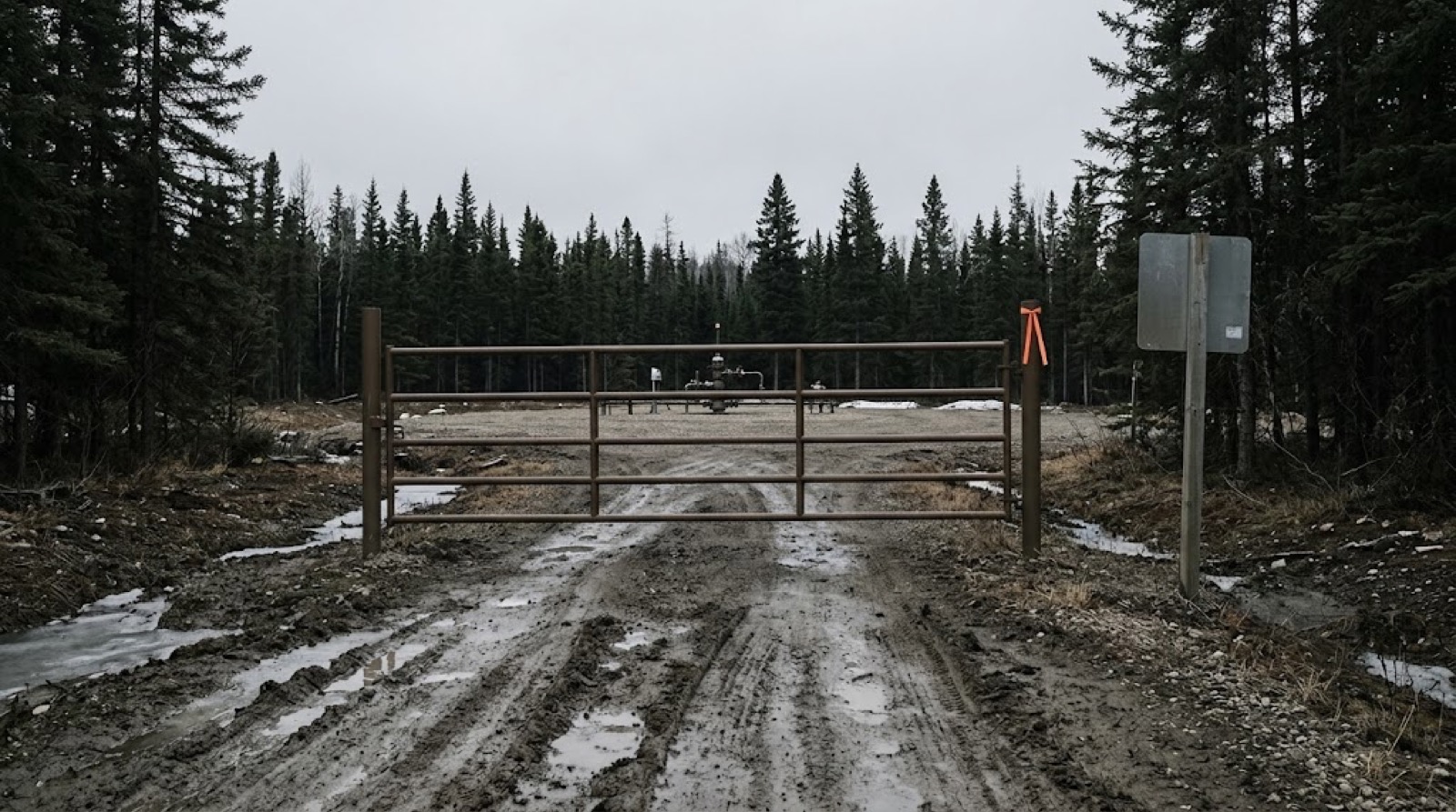 A gated wellsite pad at the end of a muddy lease road in the northern foothills during spring breakup