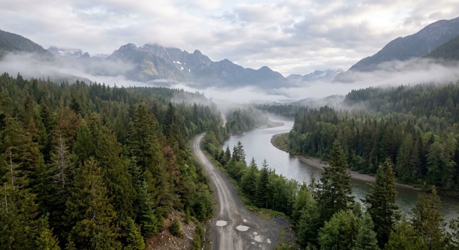 A forest-service road threading a forested river valley in coastal British Columbia, mountains and mist beyond