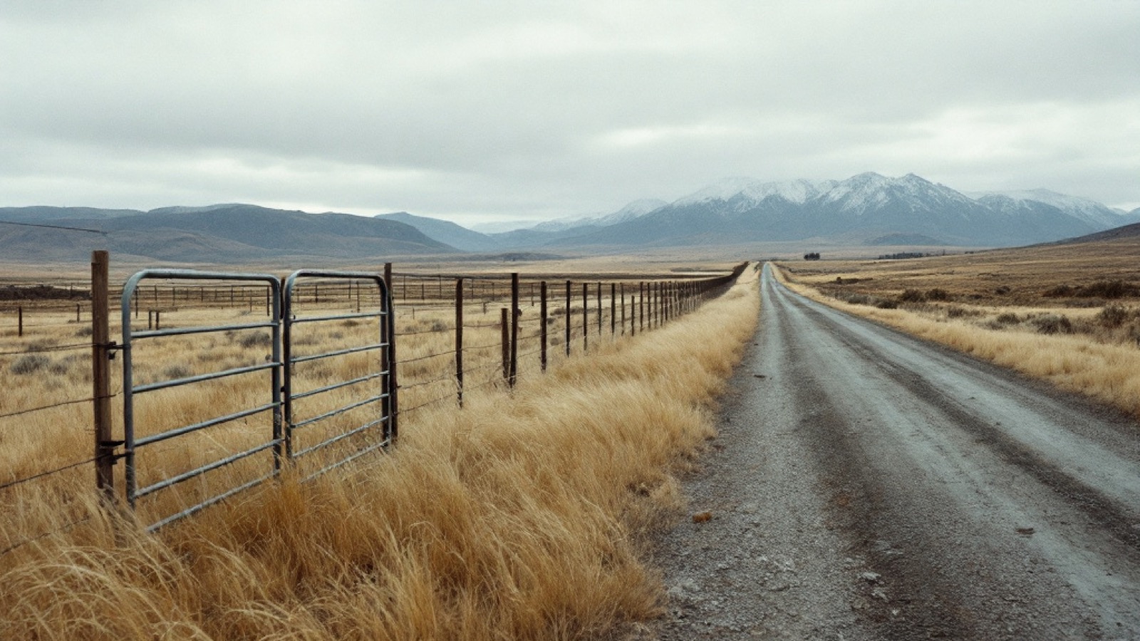 A ranch fence line and metal farm gate across foothill grassland
