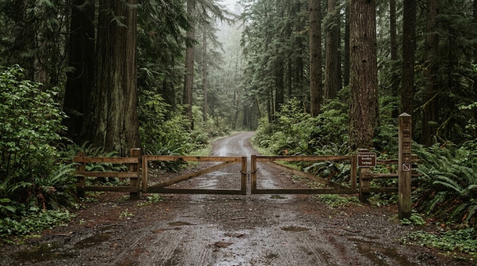 A gated gravel access road into a forested provincial park, wooden boundary gate and trailhead sign among tall cedars