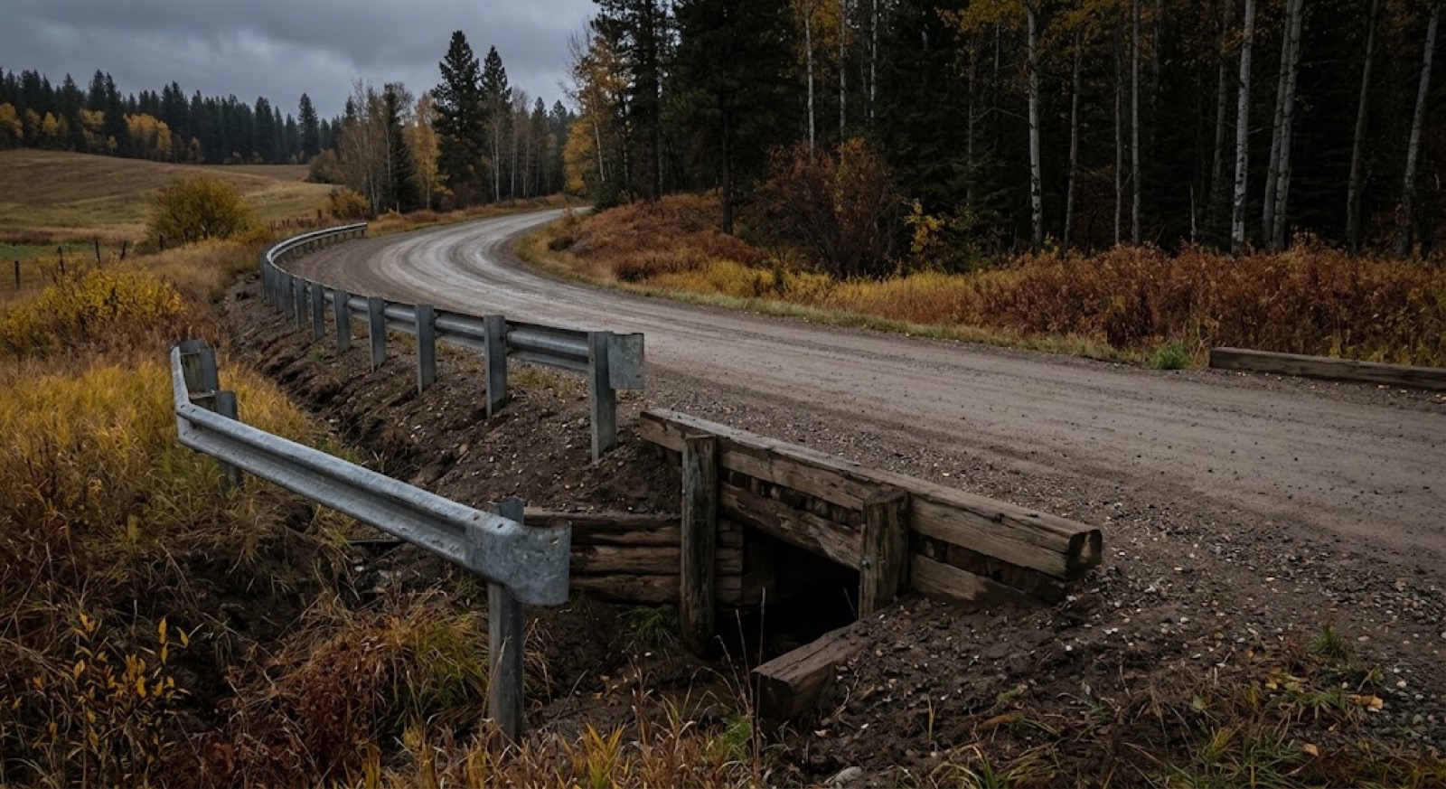 A rural county gravel road with a weathered guardrail and a timber culvert crossing in autumn