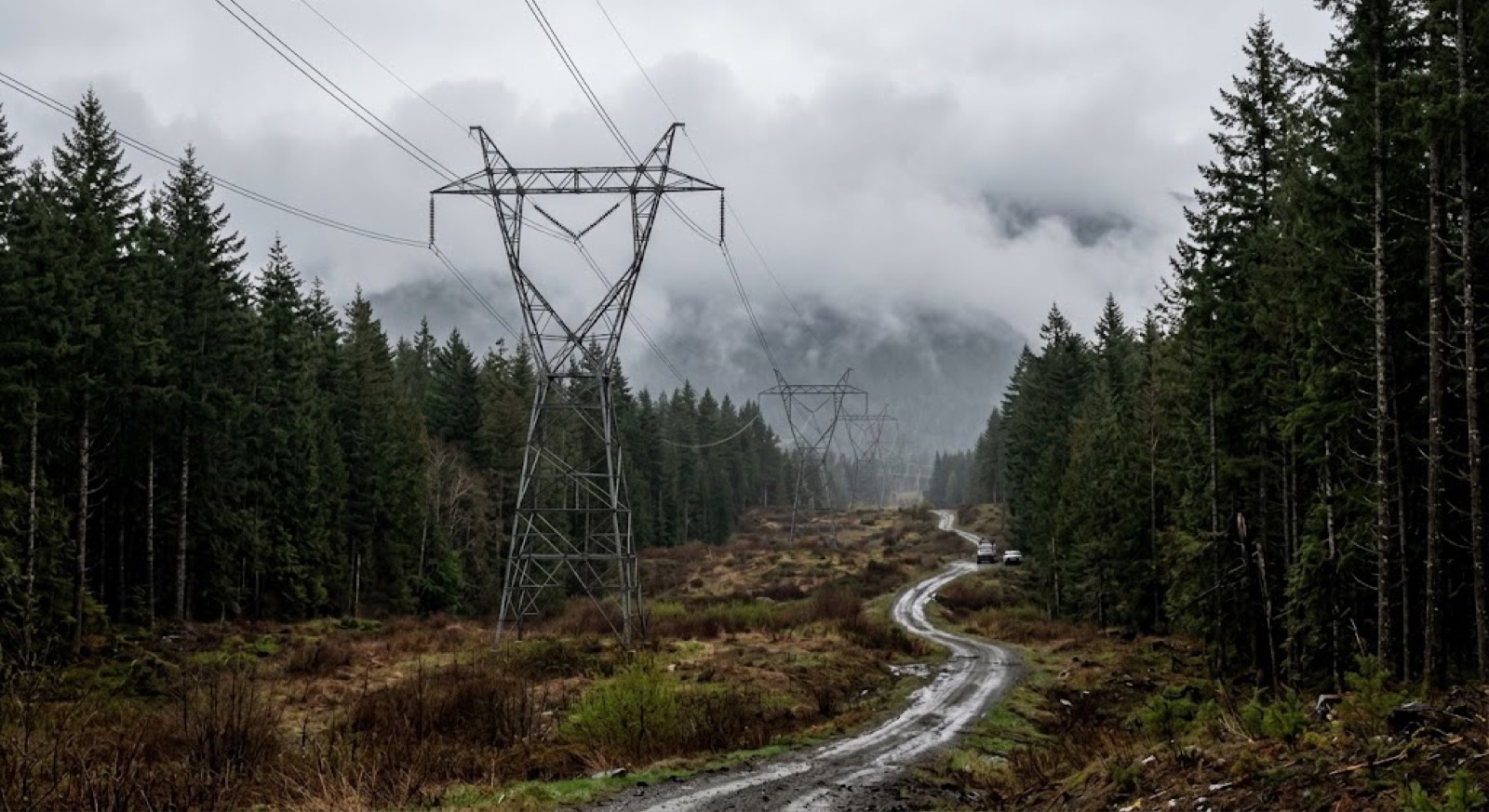 A high-voltage transmission right-of-way and gravel access road through misty BC forest