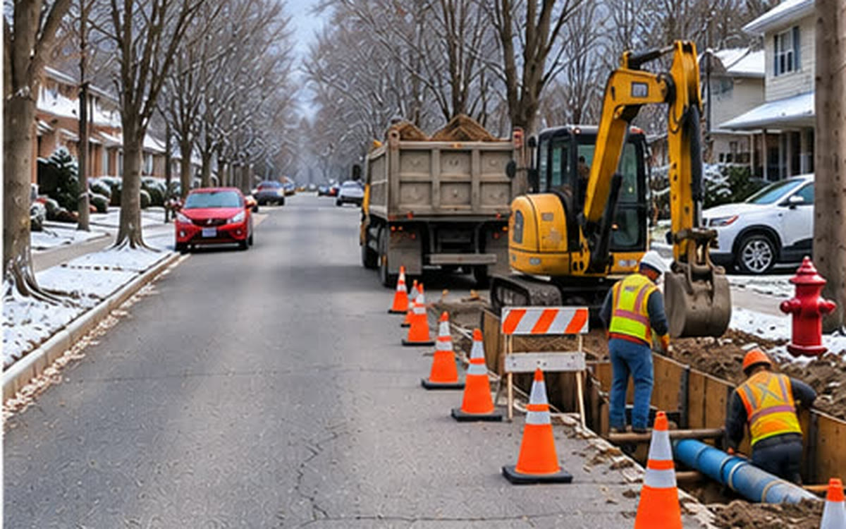 From the lane, first snow: cones down the east side of a residential street, an excavator and a dump truck at the open trench, the crew in the cut, the neighbours\' cars parked as usual