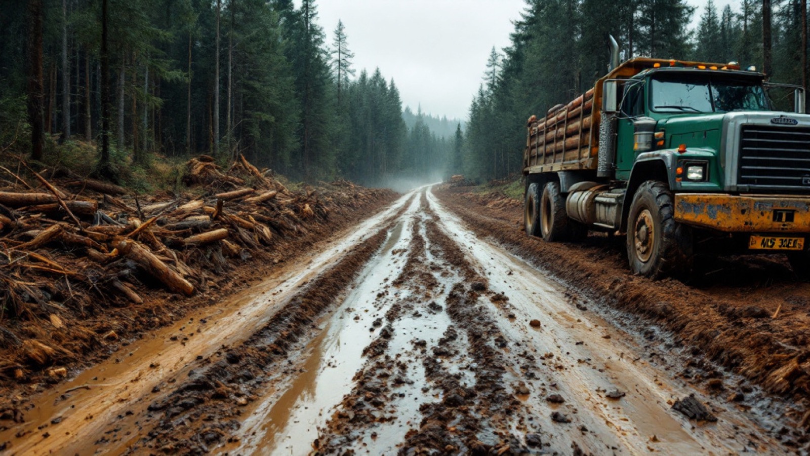 A forestry road rutted and damaged by heavy trucks