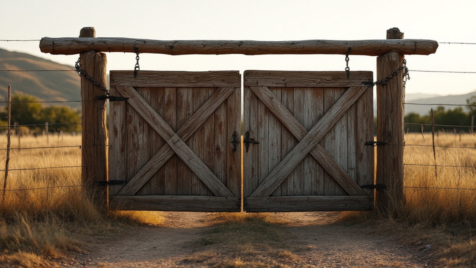A ranch fence line and metal farm gate across foothill grassland