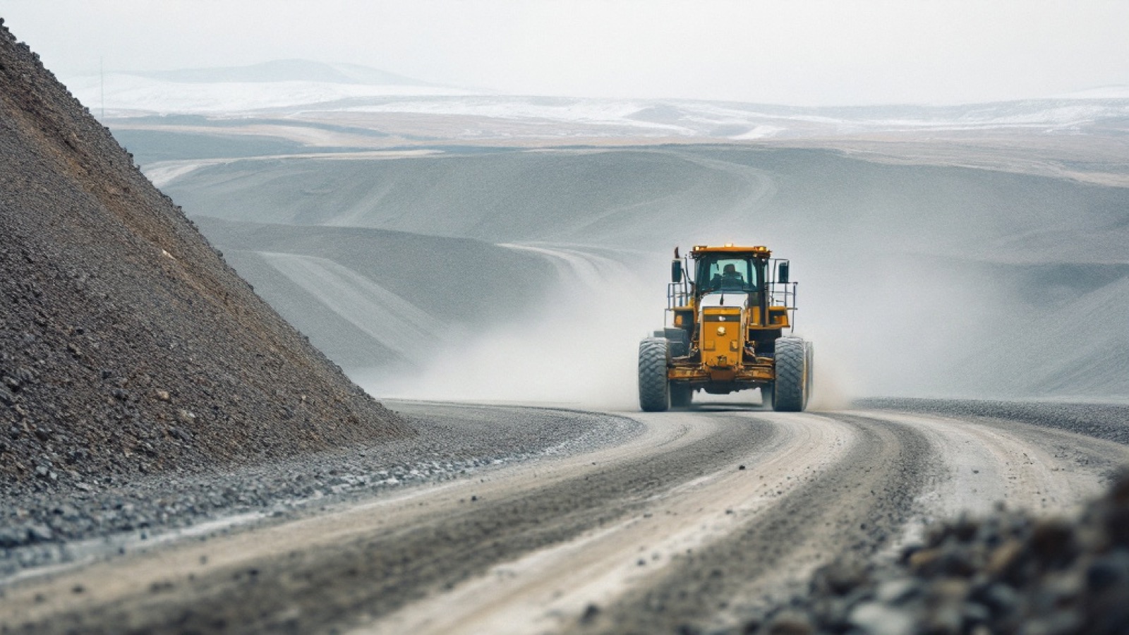 A grader maintaining a mine haul road, dust behind
