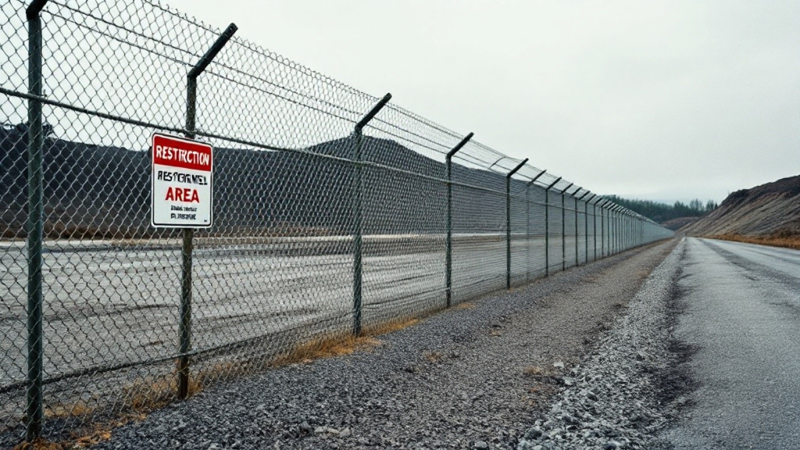 A chain-link mine perimeter fence crossing open ground