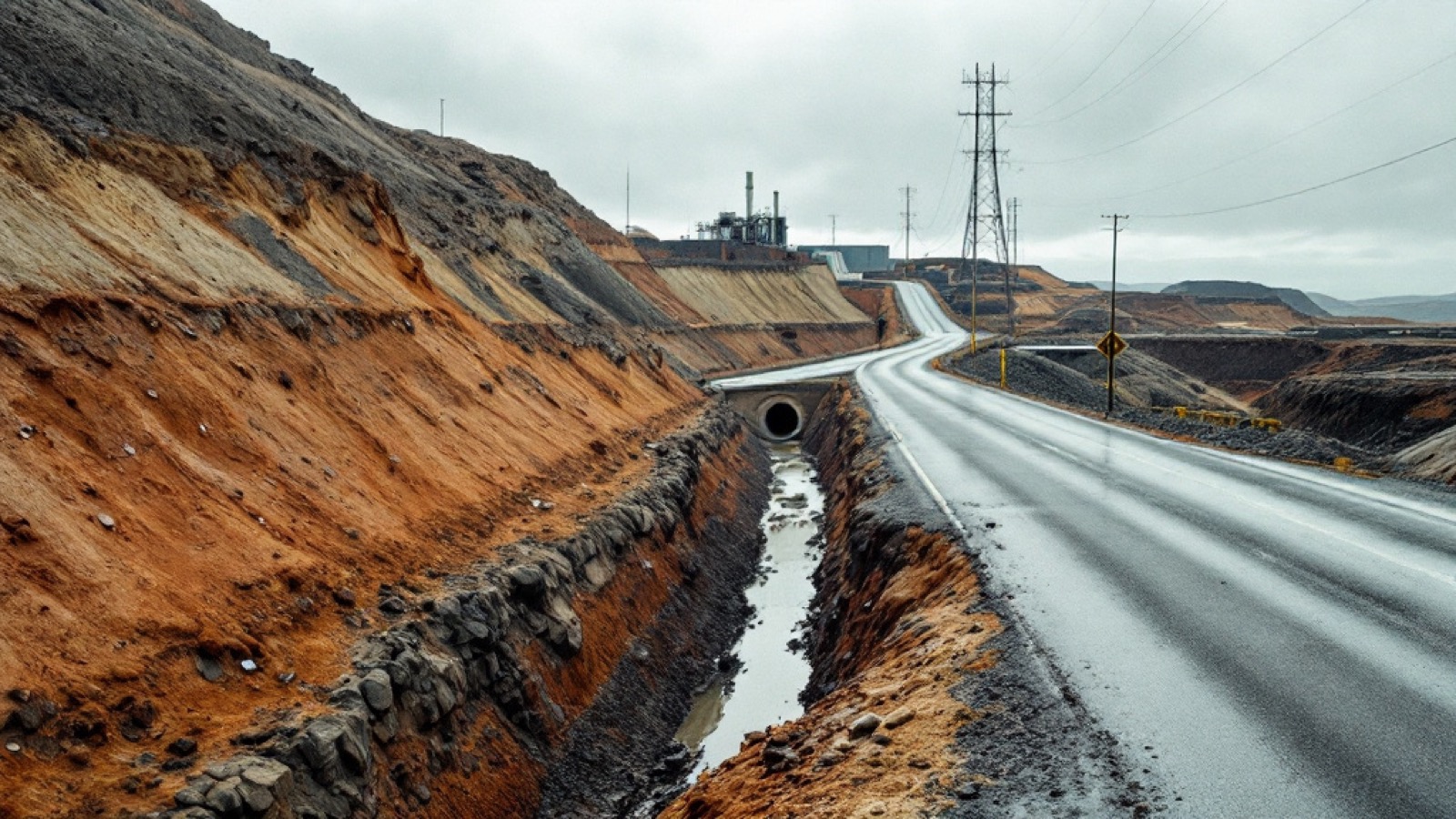 A tailings facility access road along an earth embankment with culverts