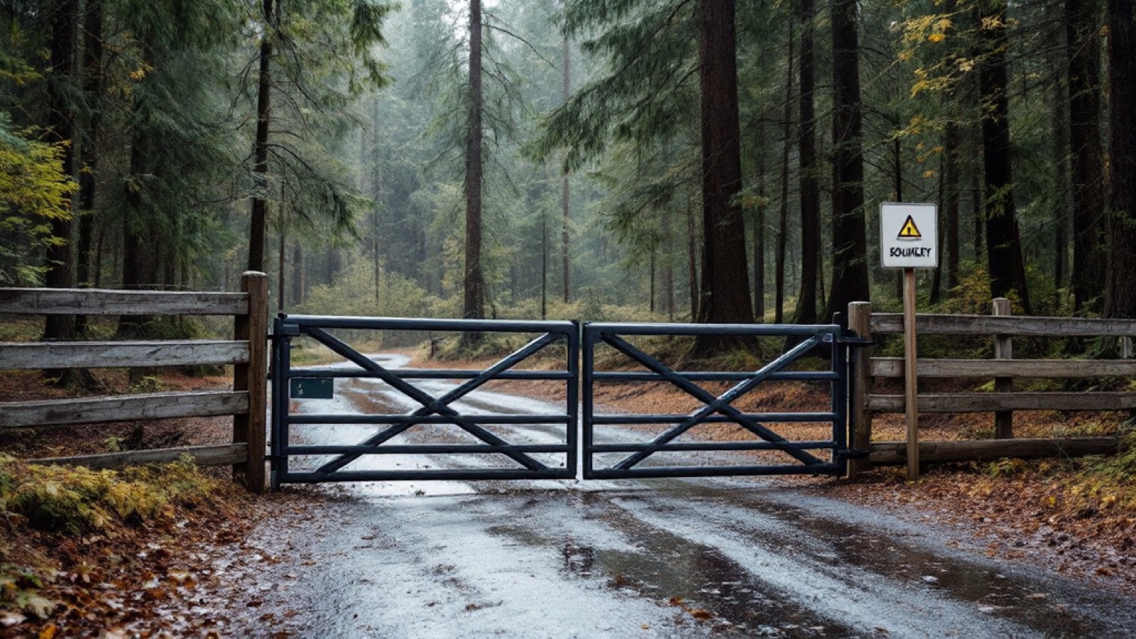 A park boundary fence and gate in cedar forest