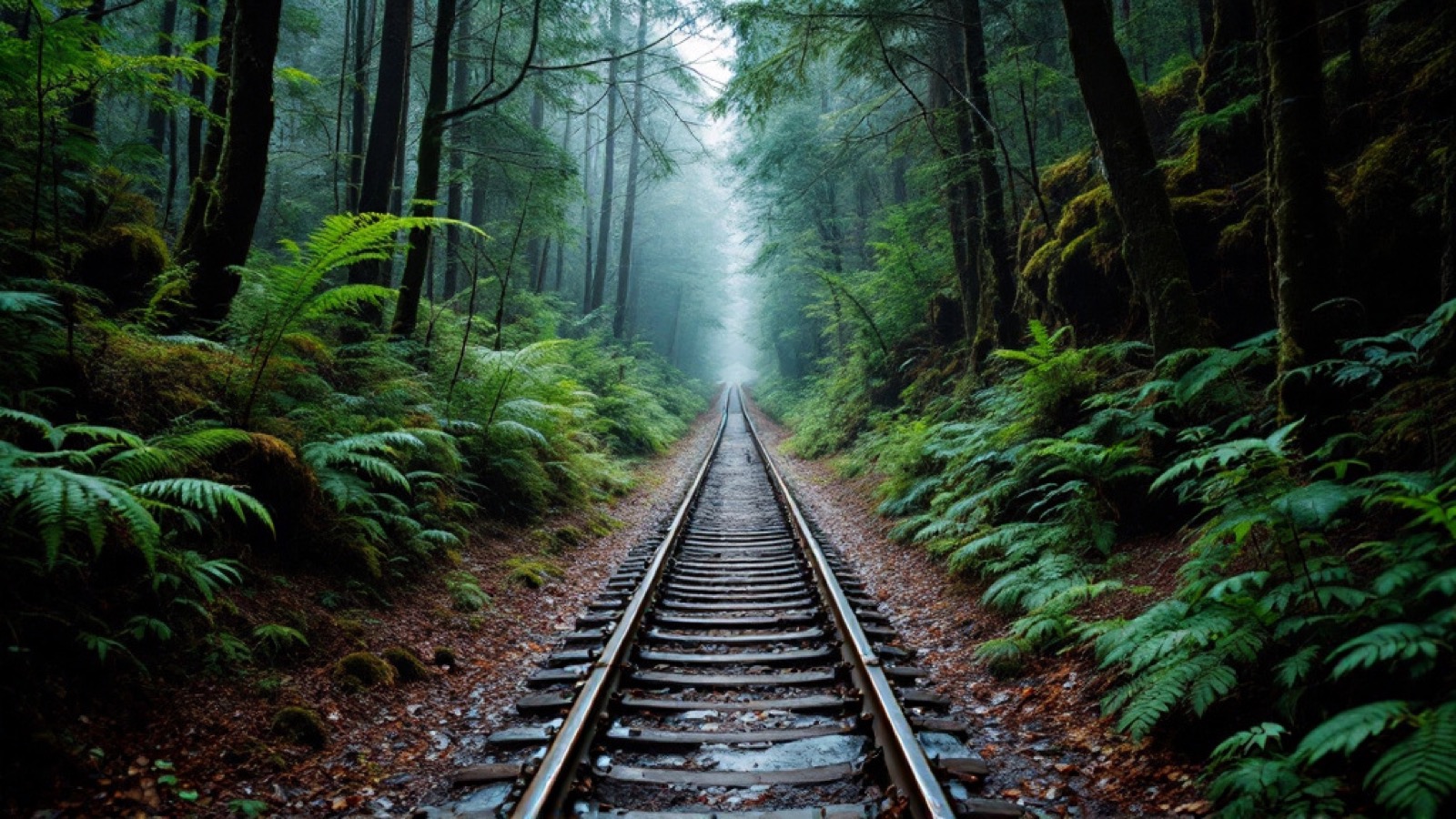 A narrow service corridor through old-growth forest
