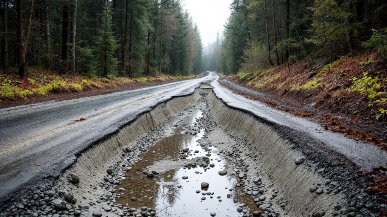 A washed-out section of a park access road after spring melt