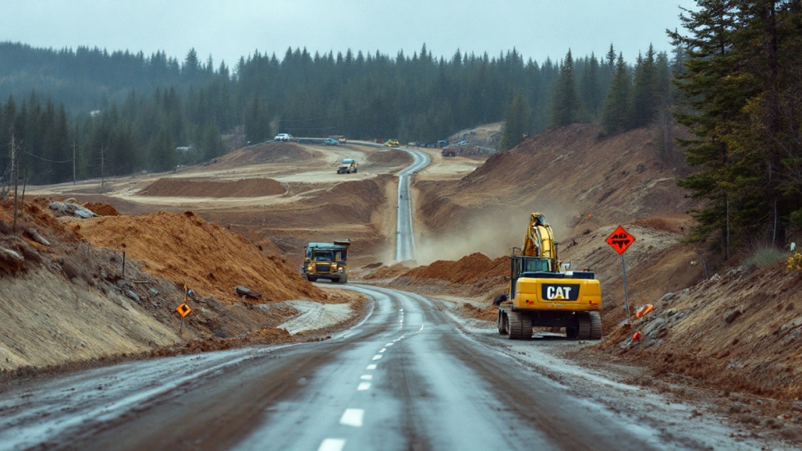 An excavator and spoil pile beside a pipeline right-of-way