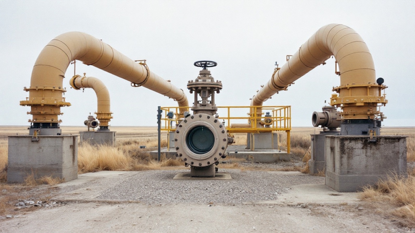A yellow above-ground pipeline valve assembly in a gravel clearing