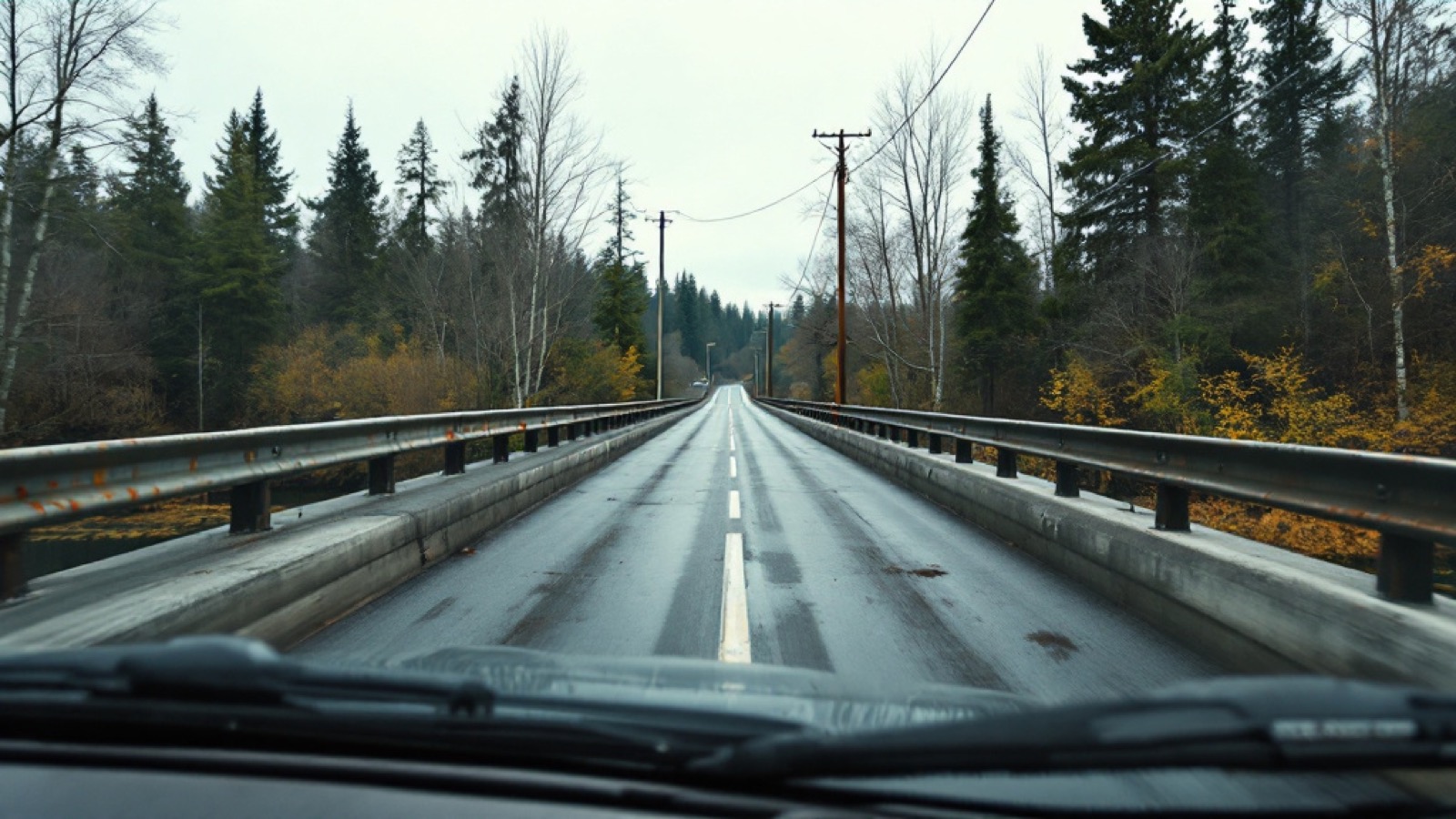 A small rural road bridge over a creek from the driver's perspective