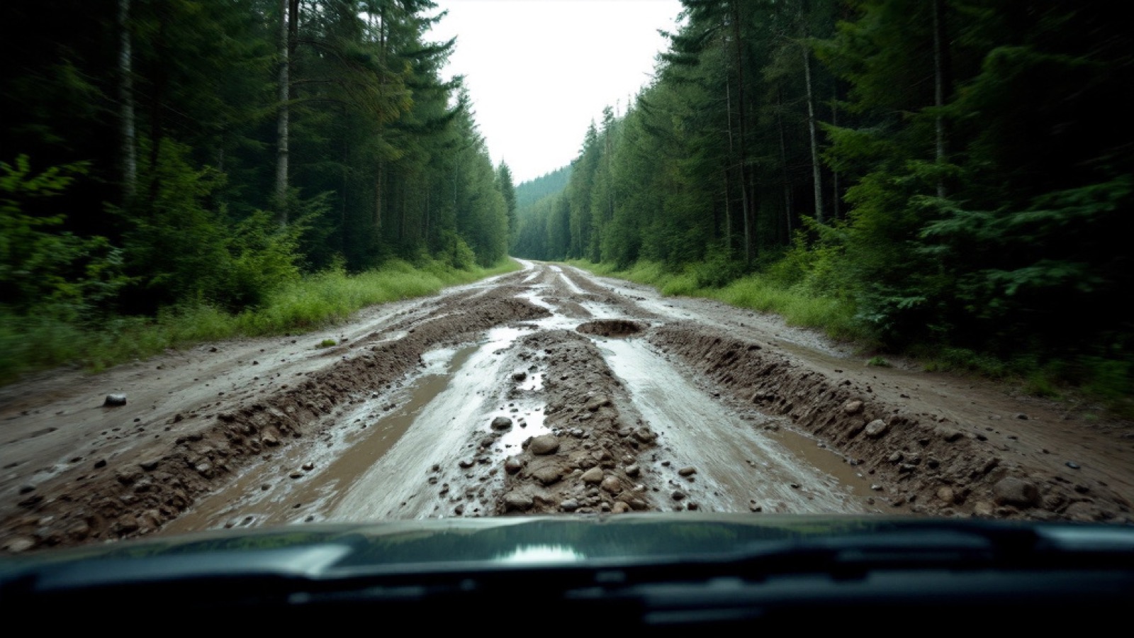 A rough deteriorating unpaved forest road with muddy potholes