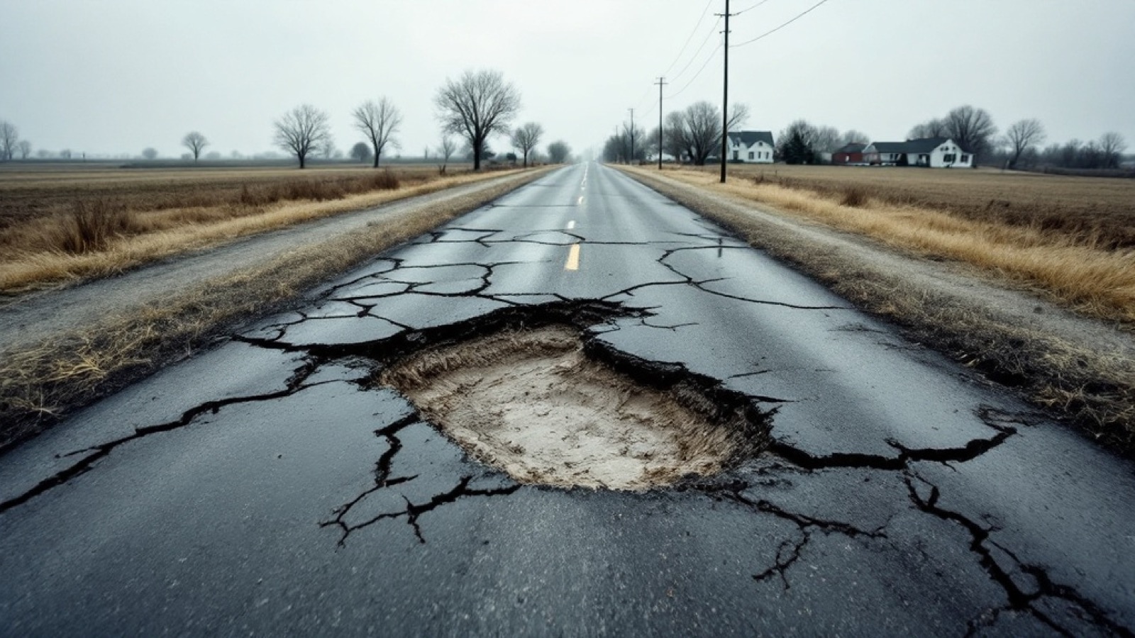 A badly cracked and potholed rural paved road