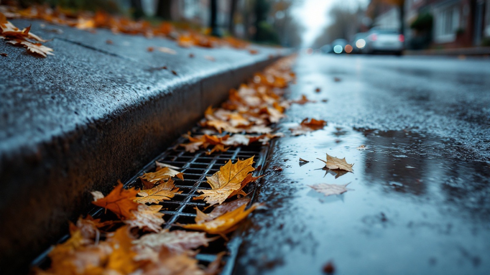 A curb storm-drain grate choked with wet autumn leaves