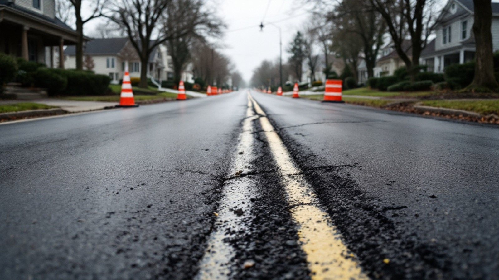 A fresh asphalt patch and crack-sealing on an older town road