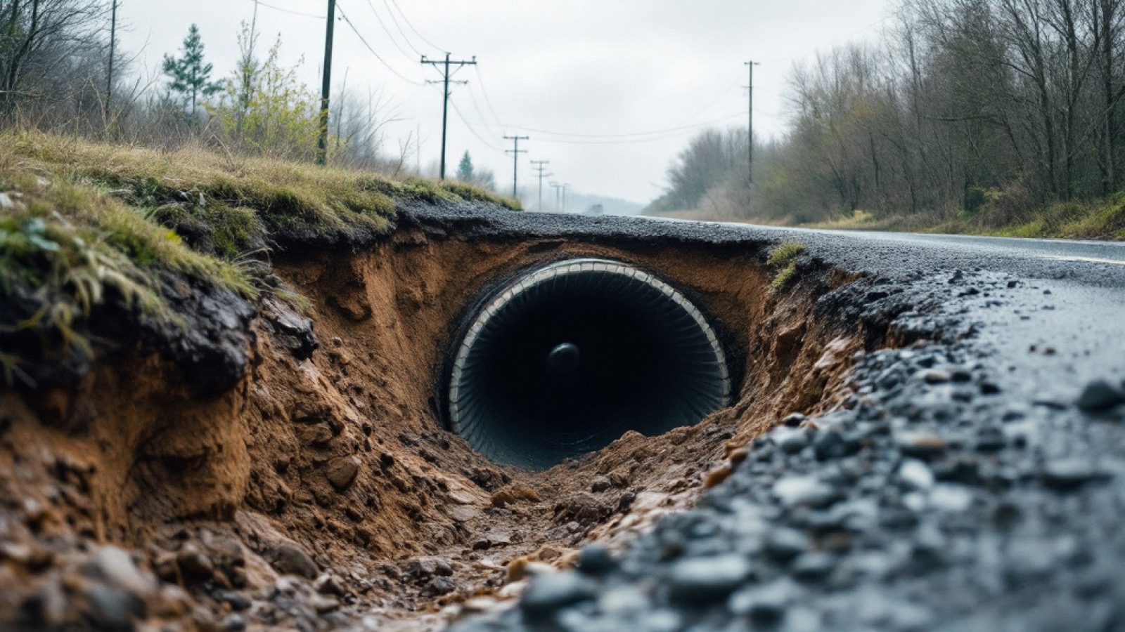 A washed-out culvert on a power-line access road