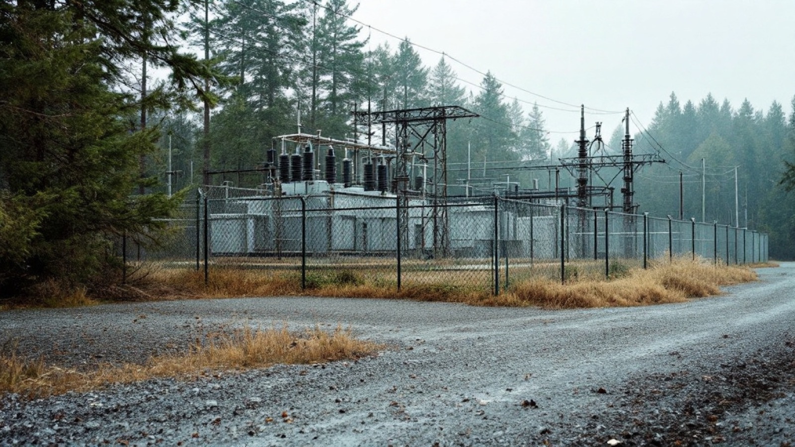 A fenced electrical substation perimeter at the forest edge