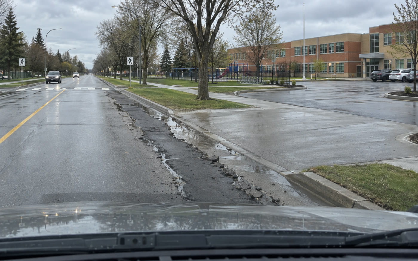 From the lane on a wet spring day outside a school: the cut line along the curb lane broken open, loose asphalt scattered along it, water sitting in the trench line, a crosswalk and the school parking lot ahead
