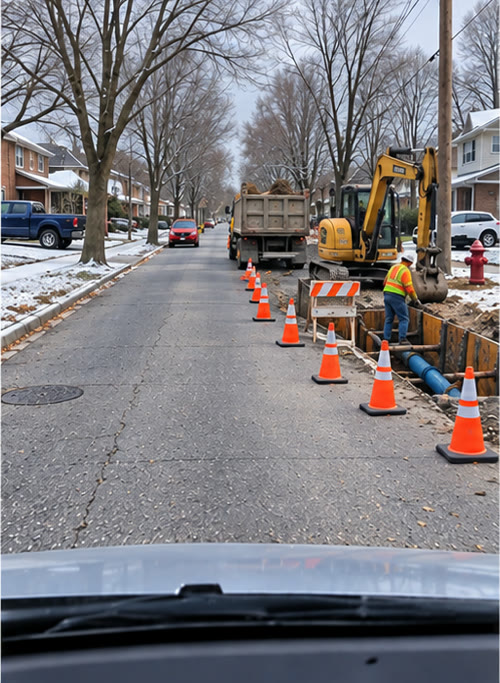 A temporary cold-mix patch over a utility cut, slightly below grade.