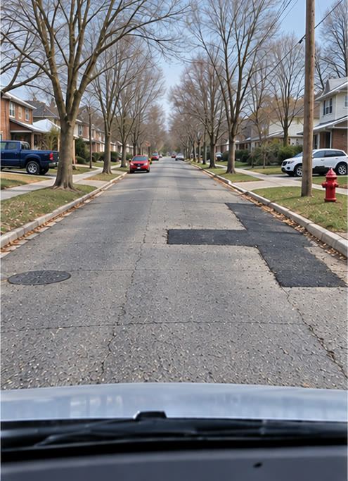 The same cut permanently restored with new hot-mix asphalt flush with the road.
