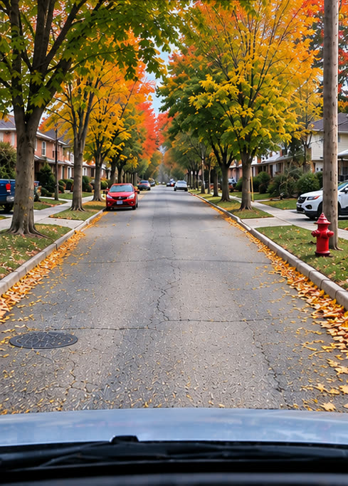 Dashcam view of a residential street before repair: older asphalt, a crack down the lane, autumn leaves on the boulevards.