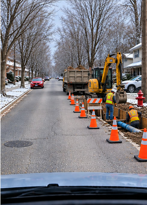 The same street during repair: cones down the lane, an excavator and a dump truck at an open trench, first snow on the boulevards.