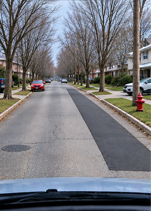 The same street just after repair: a long dark asphalt patch along the east lane, flush with the road.