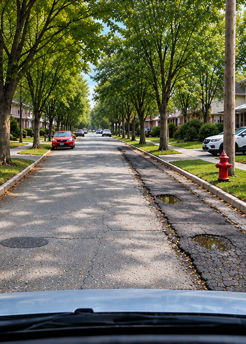 The same street six months later: the patch settling, its edge breaking up and water pooling along the seam.