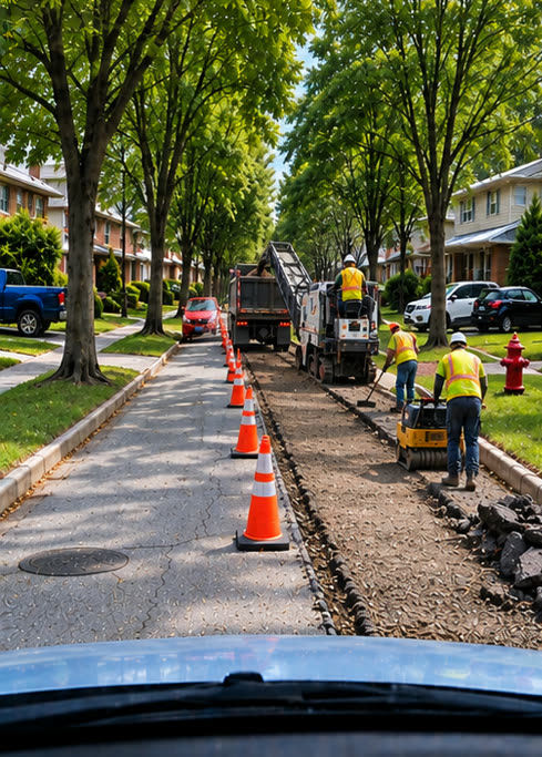 The same street at month seven: cones down the lane, a crew and a roller milling out the failed patch, summer trees.