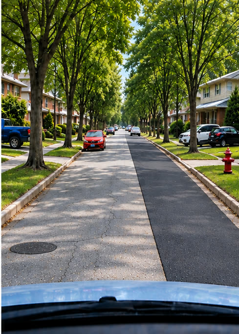 The same street at month seven, repair complete: a fresh dark patch the full length of the lane, flush again.