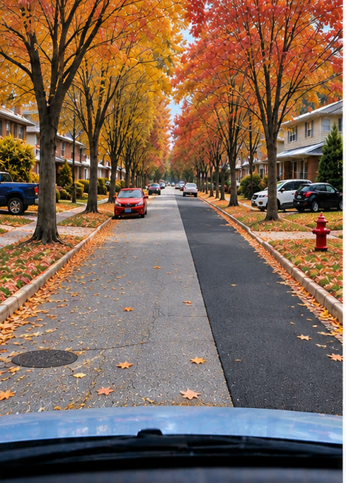 The same street at month ten: the patch holding, autumn leaves across the lane.