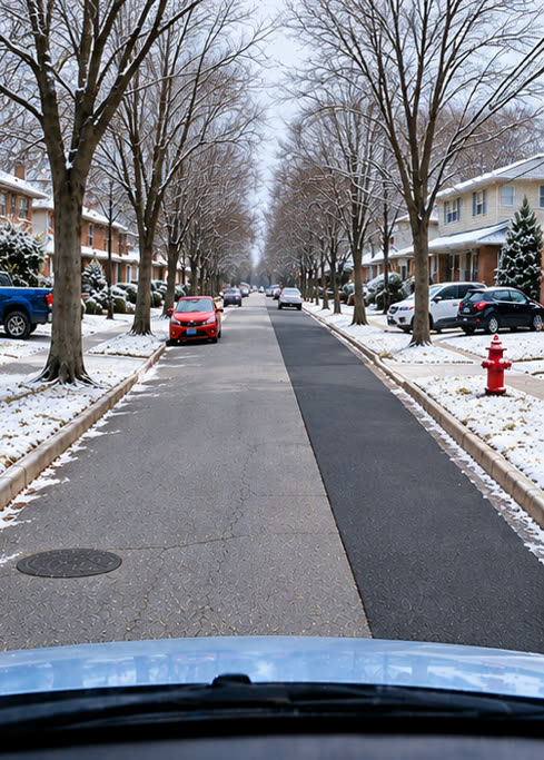 The same street at month thirteen: the patch still flush going into winter, snow on the boulevards.