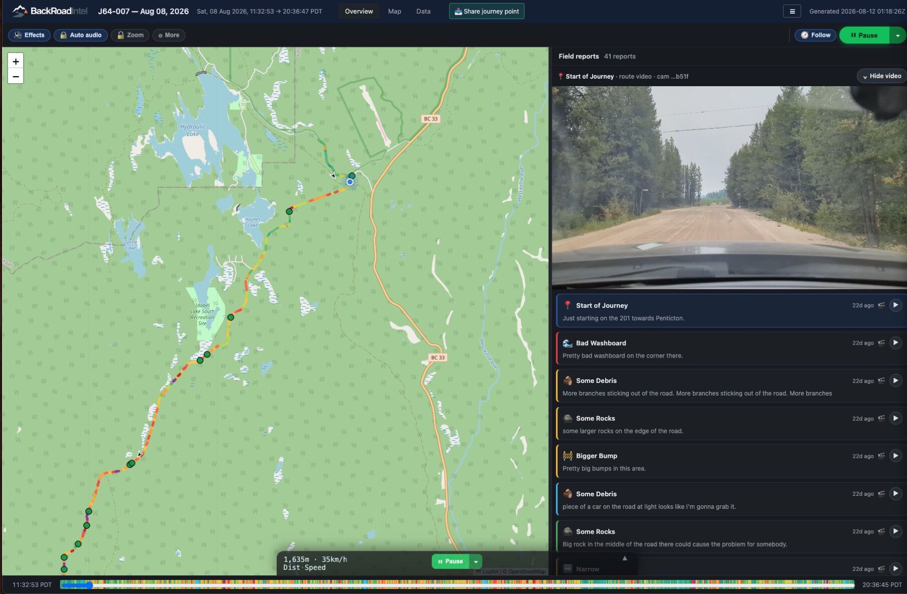 A BackRoadIntel corridor record: a hazard-scored route on the map beside the drive video and a list of field reports (washboard, debris, rocks, bumps)
