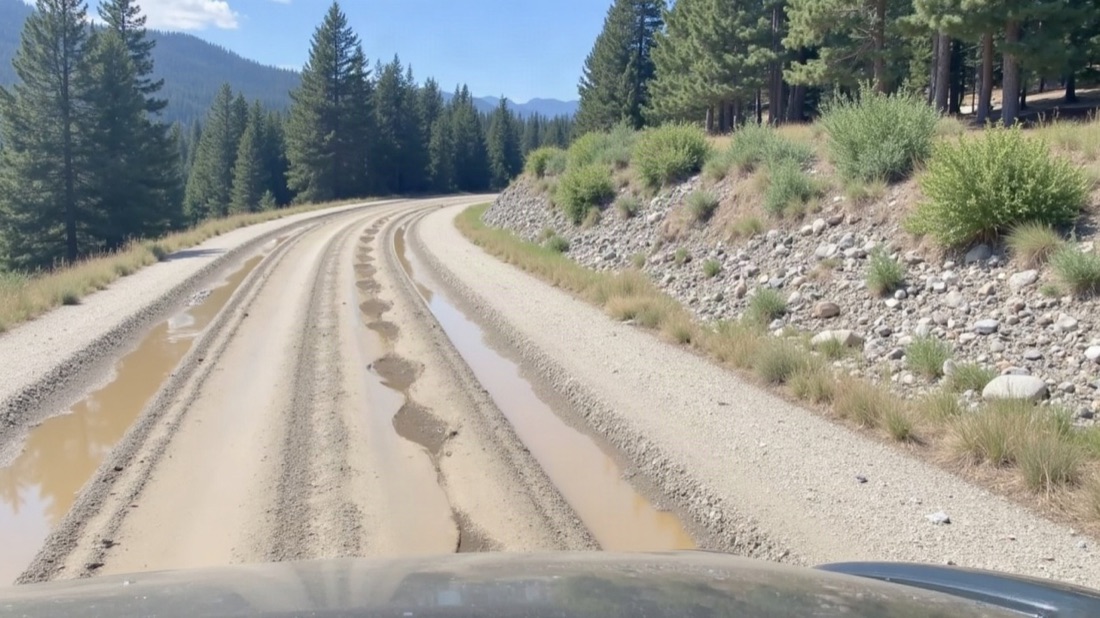 The same road with potholes and runoff standing in the wheel tracks.