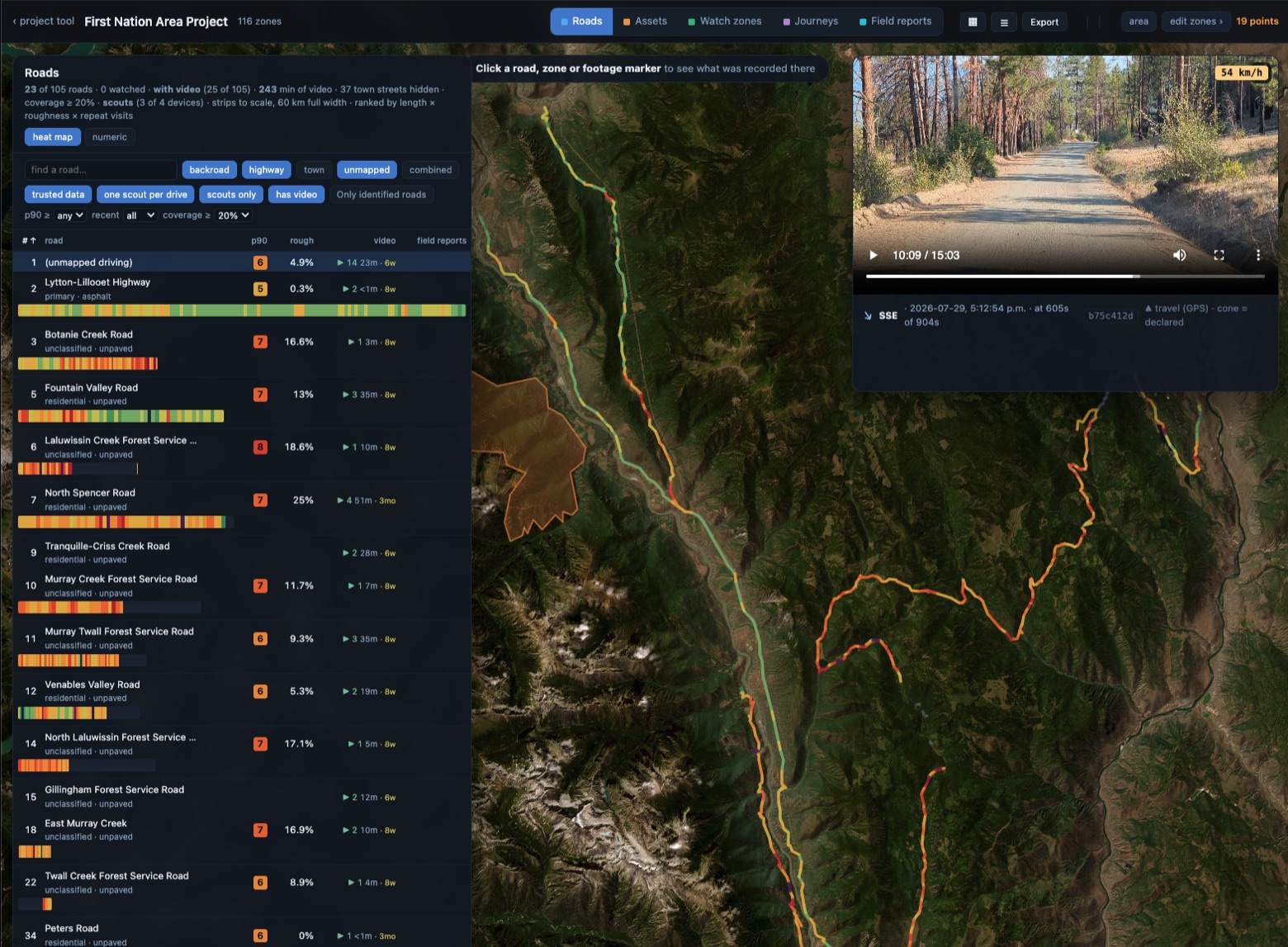 The project explorer: every road in the territory ranked and scored, with the zones drawn on the map and a drive playing beside them