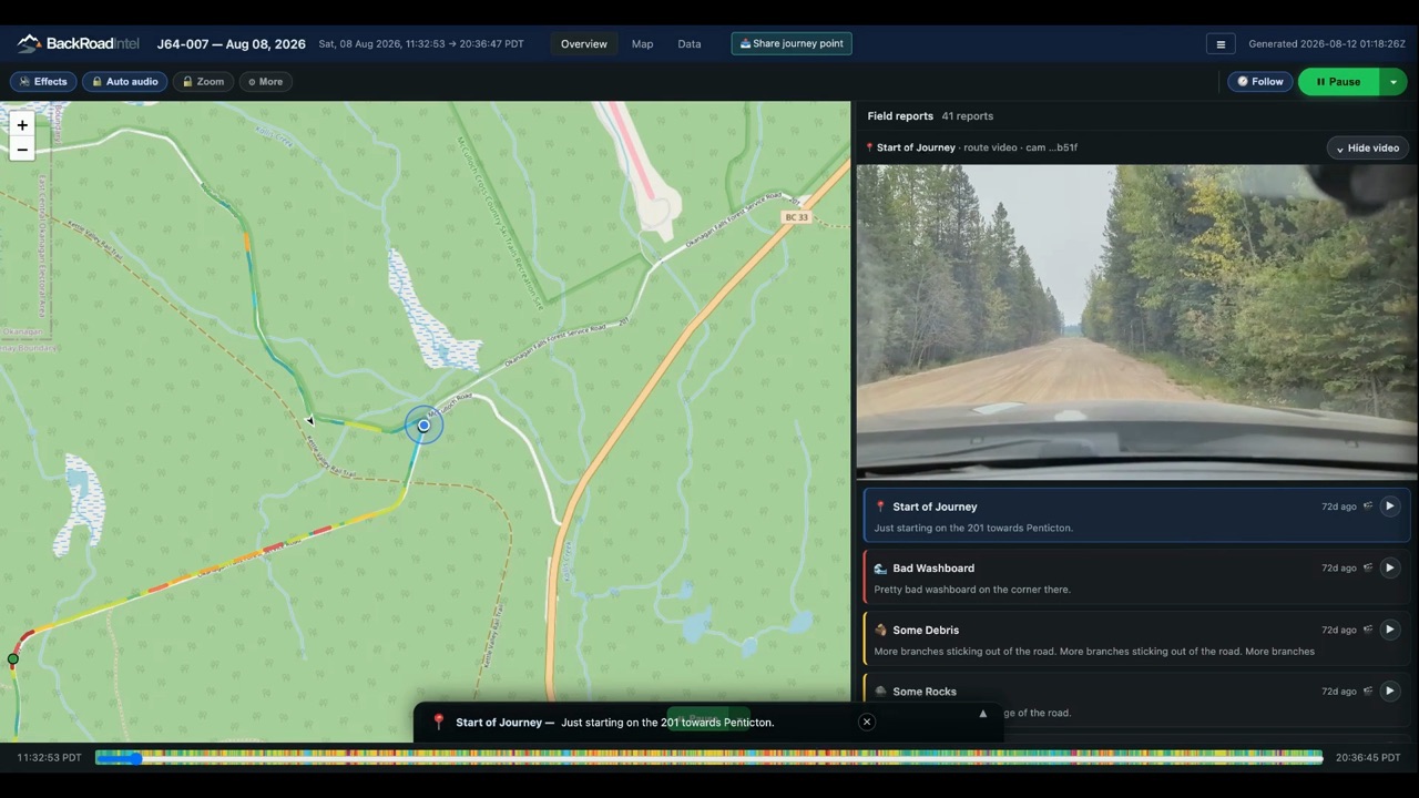 A drive playing back: the scored route on the map, the road video beside it, and the driver's field reports listed underneath